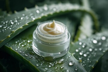 Luxurious Aloe Vera Face Cream on a Dewy Green Leaf - Natural Hydration
