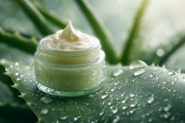 Jar of Pure Aloe Cream Amidst Fresh, Dewy Leaves - Sun-Kissed Skincare
