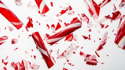 Crushed candy cane pieces, vibrant red and white fragments, irregular shapes, textured sugary surfaces, scattered randomly, isolated against a stark white background, dramatic lighting, high contrast.