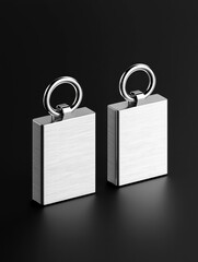 Two identical brushed metal rectangular USB flash drives with silver rings are displayed side-by-side against a dark, reflective background.