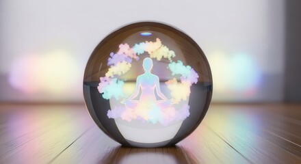 Glowing meditation silhouette resides within a smooth reflective sphere resting upon a wooden surface