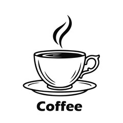 A cup of hot coffee with rising steam in a simple black and white style, a minimalist and cozy illustration of the drink. Hot coffee, coffee cup, steamed drink, morning drink, cafe art