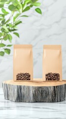 Two brown paper pouches with clear windows showcasing roasted coffee beans are presented on a rustic wooden slice, with blurred green foliage and marble backdro