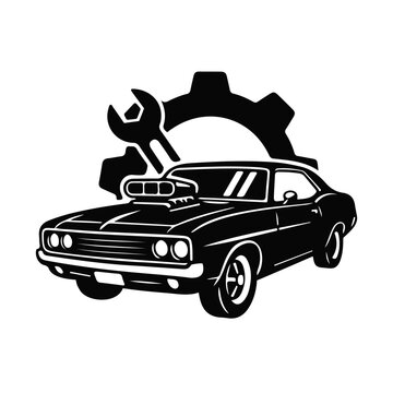 Retro car with gear and wrench symbol, black and white service emblem, car repair, auto repair shop, mechanic logo, garage emblem