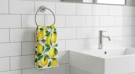 Lemon print towel on ring in modern white tiled bathroom with sink