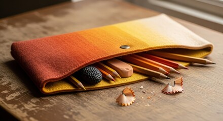 Felt pencil case displaying wooden writing implements and an eraser on a textured wooden surface