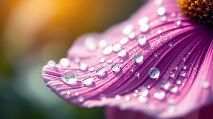 Vibrant Pink Flower Petal Adorned with Sparkling Water Droplets Under Golden Sunlight background