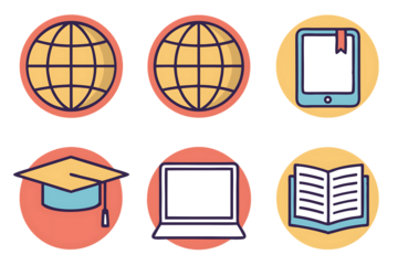 Online education icons set with globe, book, tablet, laptop and graduation cap isolated on transparent background