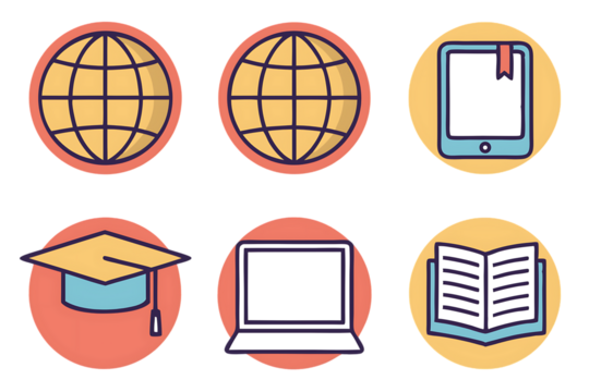 Online education icons set with globe, book, tablet, laptop and graduation cap isolated on transparent background