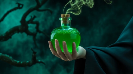 Hand holding luminous green potion bottle with swirling vapor in dark mystical forest