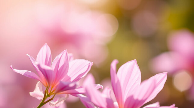 Pink Magnolia Blossoms in Soft Spring Sunlight with Bokeh background