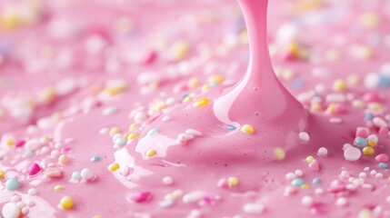 Light pink background, thick pink liquid topping flowing, variety of pastel-colored sprinkles, bokeh, bakery setting, sweet food, macro photography, top-down view, sense of indulgence, playful.