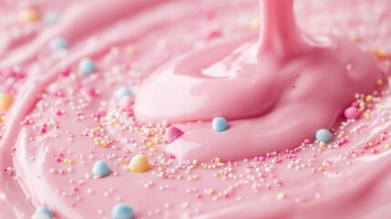 Light pink background, thick pink liquid topping flowing, variety of pastel-colored sprinkles, bokeh, bakery setting, sweet food, macro photography, top-down view, sense of indulgence, playful.