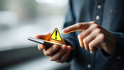 Man holding smartphone with attention warning notification alert on the screen