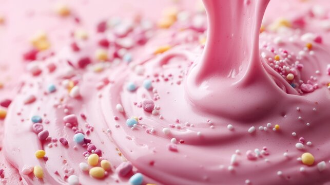 Light pink background, thick pink liquid topping flowing, variety of pastel-colored sprinkles, bokeh, bakery setting, sweet food, macro photography, top-down view, sense of indulgence, playful.