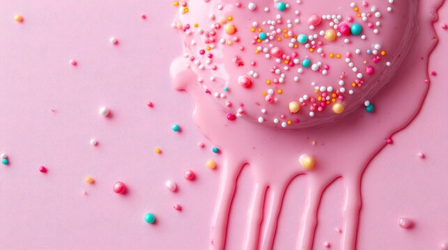 Light pink background, thick pink liquid topping flowing, variety of pastel-colored sprinkles, bokeh, bakery setting, sweet food, macro photography, top-down view, sense of indulgence, playful.