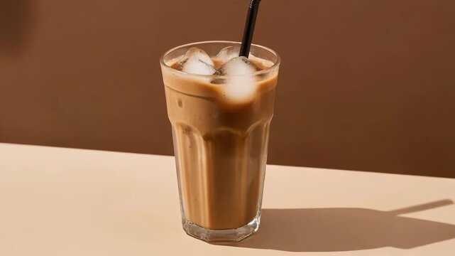 Iced latte in tall glass with black straw against brown backdrop, studio shot of refreshing coffee beverage