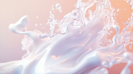 Milk jet, splash, intricate loops and swirls, fluid dynamics, white on pastel, 3D rendered illustration, soft focus, dreamy atmosphere