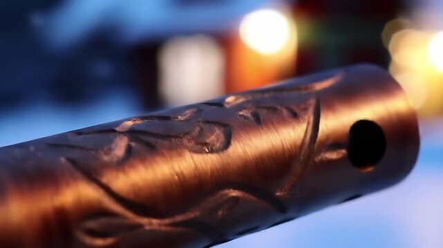 Artisan Crafted Copper Pipe with Engraved Floral Design and Bokeh Background for Decorative Plumbing Concepts