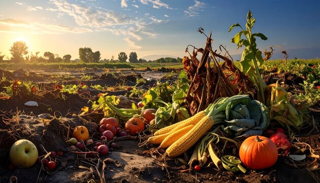 Harvested veggies, squash, and fruit scattered on earth in field at dusk under cloudy sky, farmland visible