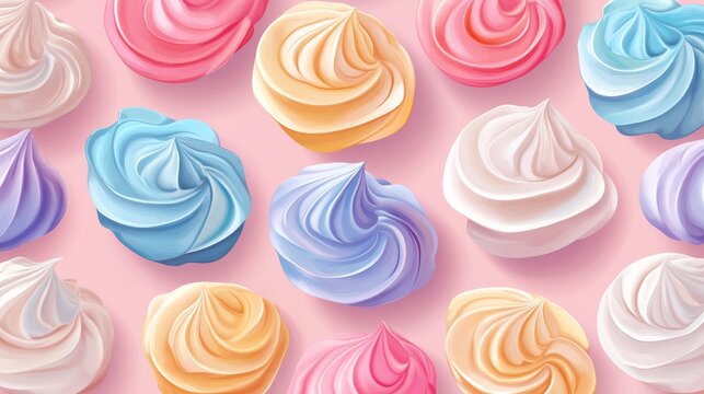 Pattern of colorful meringues, seamless repeating design, vector illustration, variety of shapes and colors, pastel background, texture, surface pattern design, sweet food theme, bakery goods,