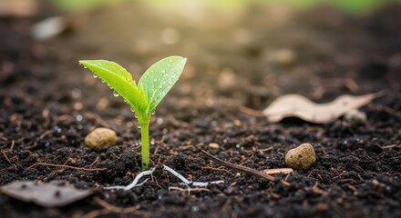 small green sprout rising from fertile ground, emerging seedling bathed in dawn light amidst rich soil