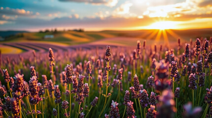 Golden Sunset Over Purple Lavender Field  Natures Bloom background