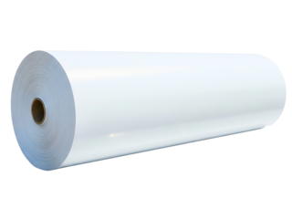 Roll of white glossy plastic film for industrial packaging on a transparent background