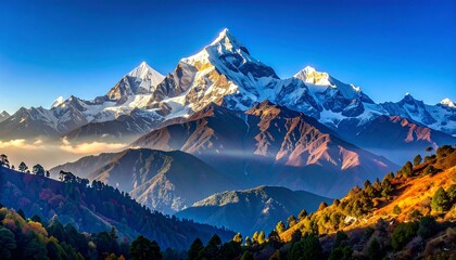 Majestic snow-capped mountain range under a bright blue sky, framed by colorful forested hills in the foreground