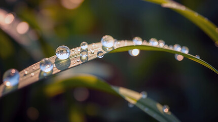 Macro View of Green Leaf with Fresh Water Drops Morning Dew Beading on Plant Foliage Natures Serenity with Reflective Raindrops background