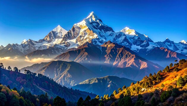 Majestic snow-capped mountain range under a bright blue sky, framed by colorful forested hills in the foreground - Powered by Adobe