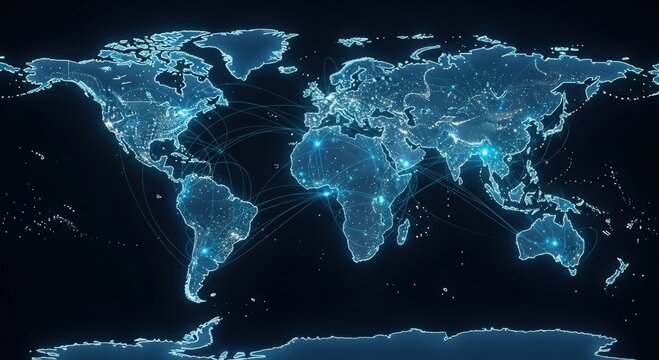 trade routes and logistics network, world map highlighting shipping channels and commercial links