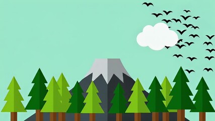 Minimalist vector illustration of a mountain peak surrounded by a lush green pine forest - Powered by Adobe