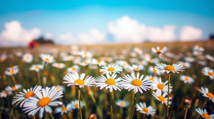 Sunny Daisy Meadow Landscape with White Chamomile Flowers Vibrant Summer Nature Background background