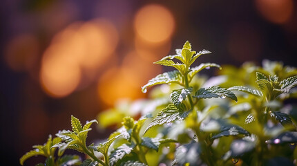 Fresh green leaves with water droplets and warm bokeh background background