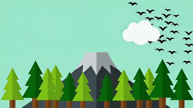 Minimalist vector illustration of a mountain peak surrounded by a lush green pine forest