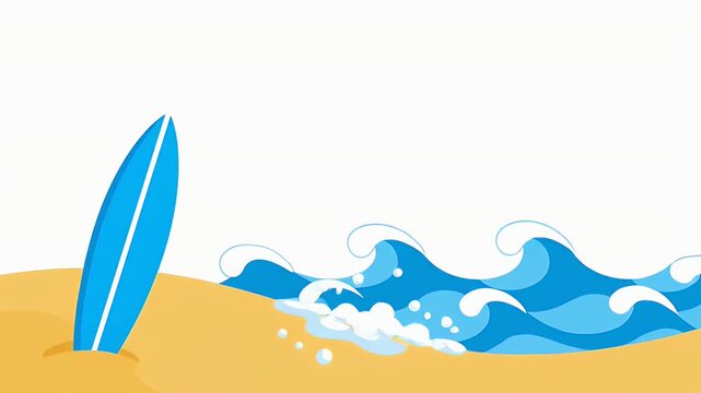Minimalist surfboard illustration on sandy beach with blue ocean waves and white background