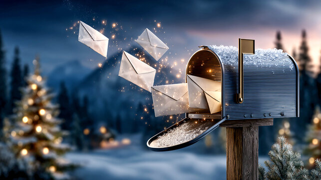 An open mailbox and many envelopes floating in the air. The background is in winter blue with falling snow and glowing lights.