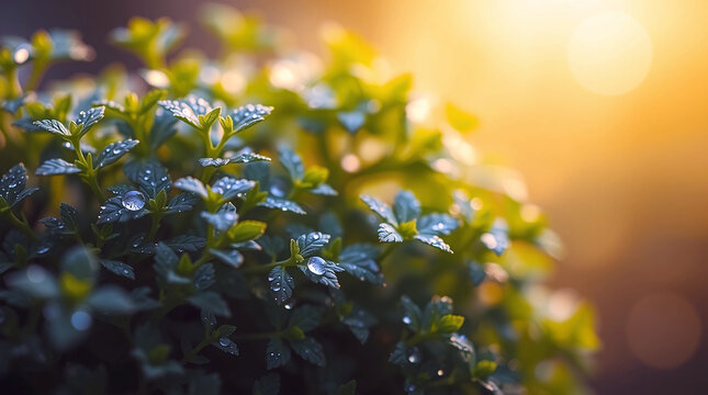 Vibrant Green Foliage Adorned with Dewdrops under Golden Sunlight background