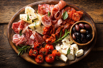 Fototapeta premium A vibrant Italian antipasti platter featuring cured meats, assorted cheeses, olives, and sun-dried tomatoes arranged in a rustic, appetizing presentation.