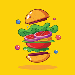 Deconstructed cartoon burger with floating ingredients including buns, patty, lettuce, tomato, and cheese on yellow background