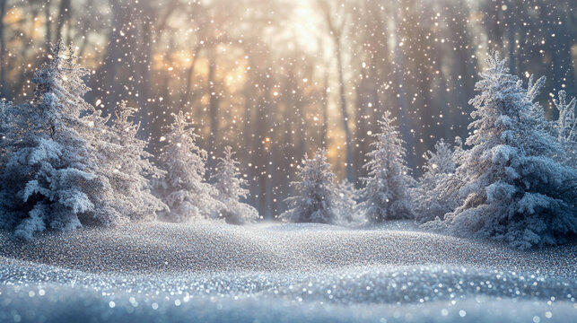 A snow-covered spruce forest and a sparkling snowy meadow during a gentle snowfall, with a warm winter light in the background, creating an abstract winter Christmas landscape.