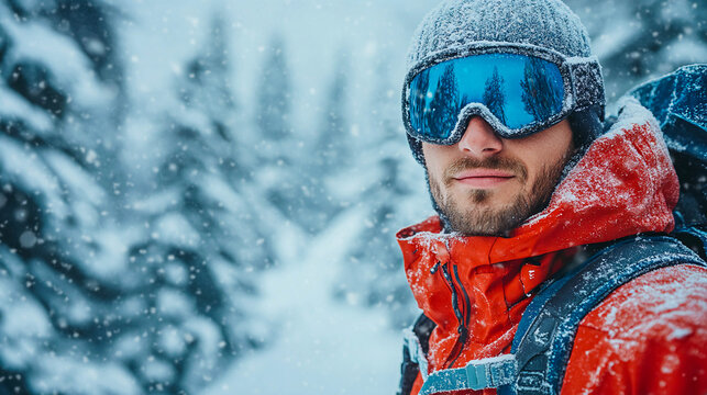 A man in winter hiking gear. The man is surrounded by a snowy landscape with a forest in the background.