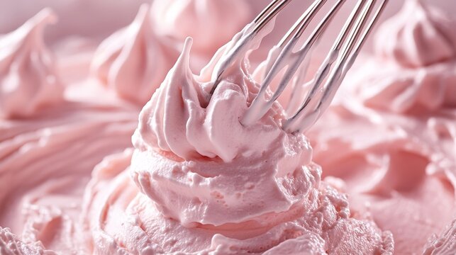 Vintage whisk, whipped cream peaks, rose pink, close up, room for text, gentle lighting, smooth, professional food photography
