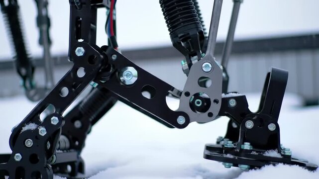 Precision-Engineered Bipedal Robot Walking Mechanism Detail in Winter Environment with Snowflakes, showcasing Engineering