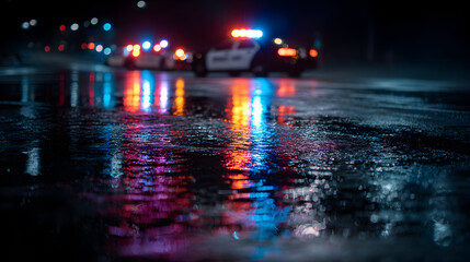 Urban Night Scene with Flashing Police Lights and Reflections