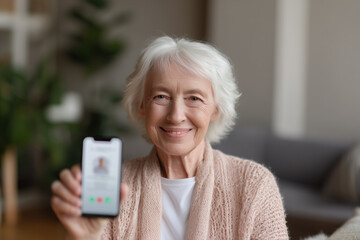 Senior woman holding a smartphone during a telemedicine call, warm lighting and clear expression highlighting modern digital healthcare communication.