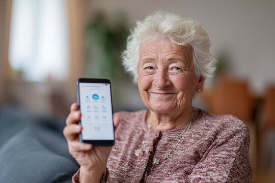 Senior woman holding a smartphone during a telemedicine call, warm lighting and clear expression highlighting modern digital healthcare communication.