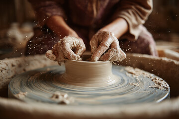 Close-up of skilled hands shaping wet clay on a spinning pottery wheel, capturing texture, motion, and the artistry of handmade ceramic creation. Ideal warm, authentic craft aesthetic.