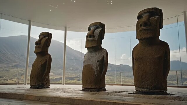 Moai statues in a museum.